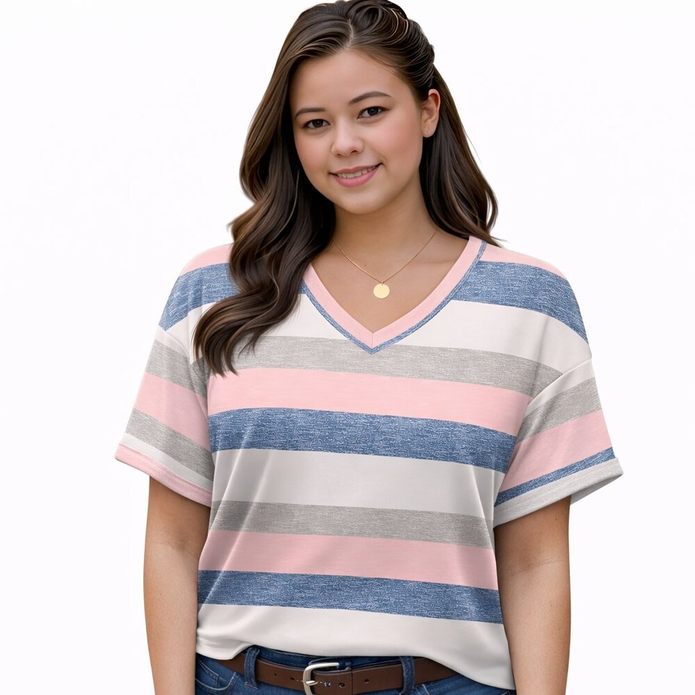 Women's Summer Tops, Short Sleeve, Casual Trendy Tee, BLUE/PINK, Size LARGE